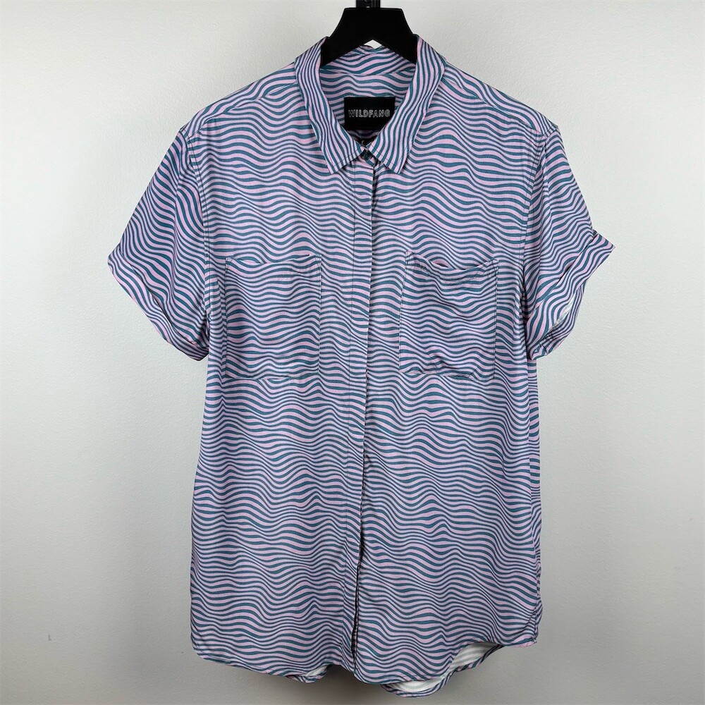 Wildfang Button-Up Shirt Pink and Blue Sonic Print Short Sleeve